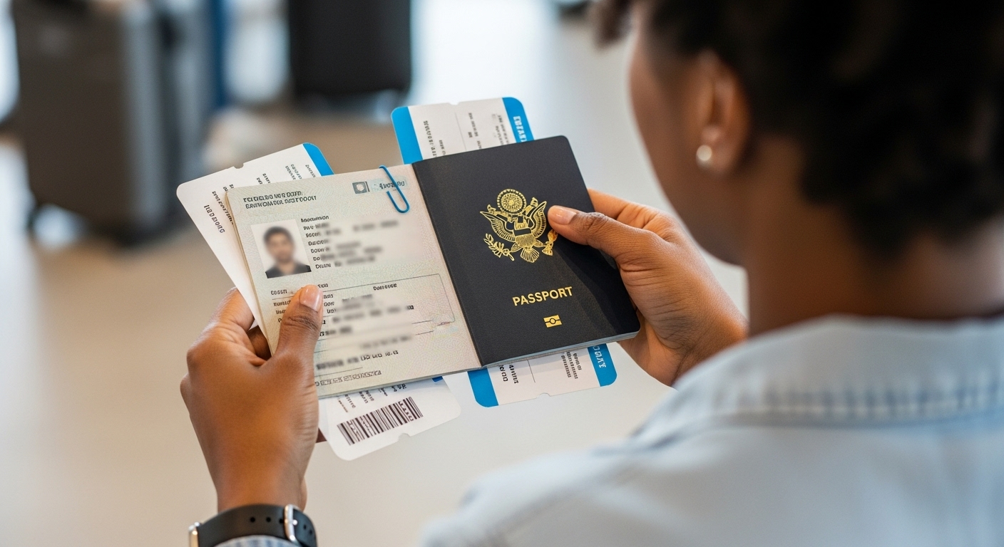 Person holding a passport and travel documents